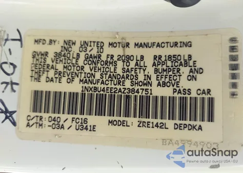 2010 Toyota Corolla Le из США, поврежденный, VIN 1NXBU4EE2AZ384751